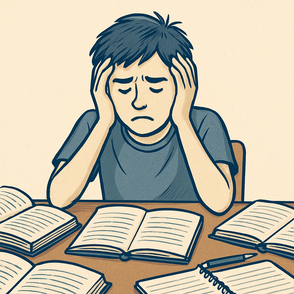 Teen struggling with academic challenges at their desk.