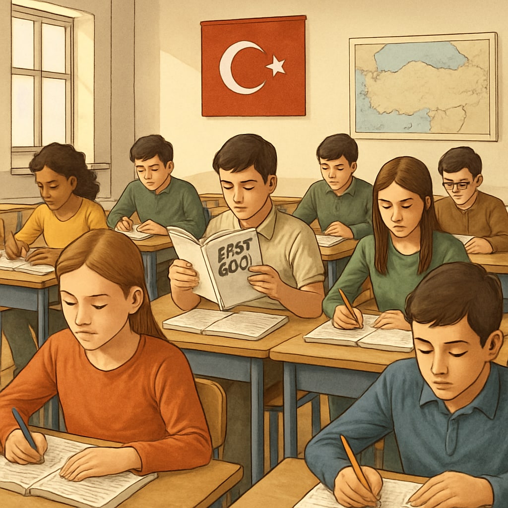 A classroom in Turkey with students preparing for standardized tests. The image highlights the exam-centric culture of the country’s education system. Students in Turkey preparing for standardized exams, reflecting an exam-driven education system.