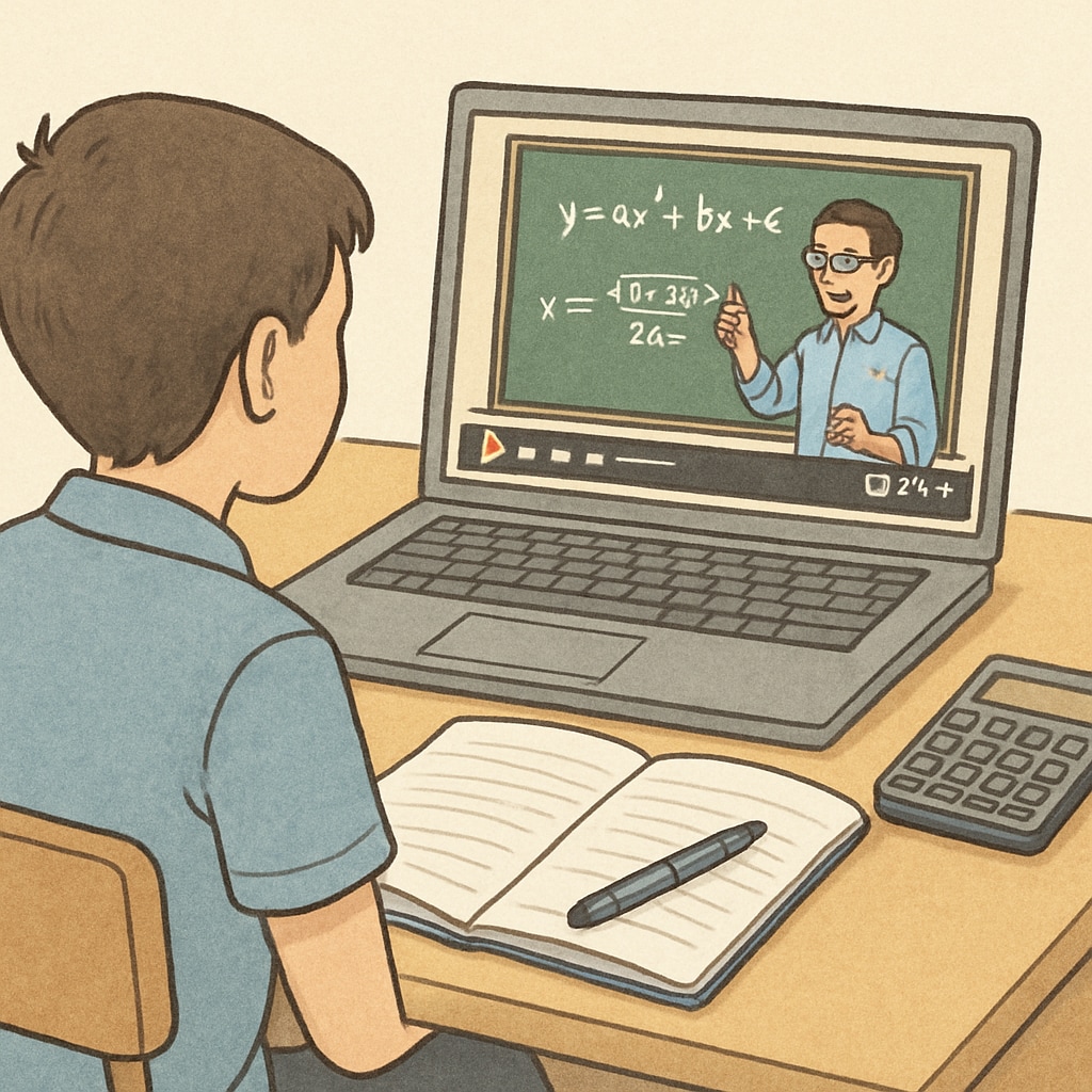 A student watching a YouTube mathematics tutorial on a laptop, with notes and a calculator on the desk. Student using YouTube for mathematics test preparation during campus recruitment.
