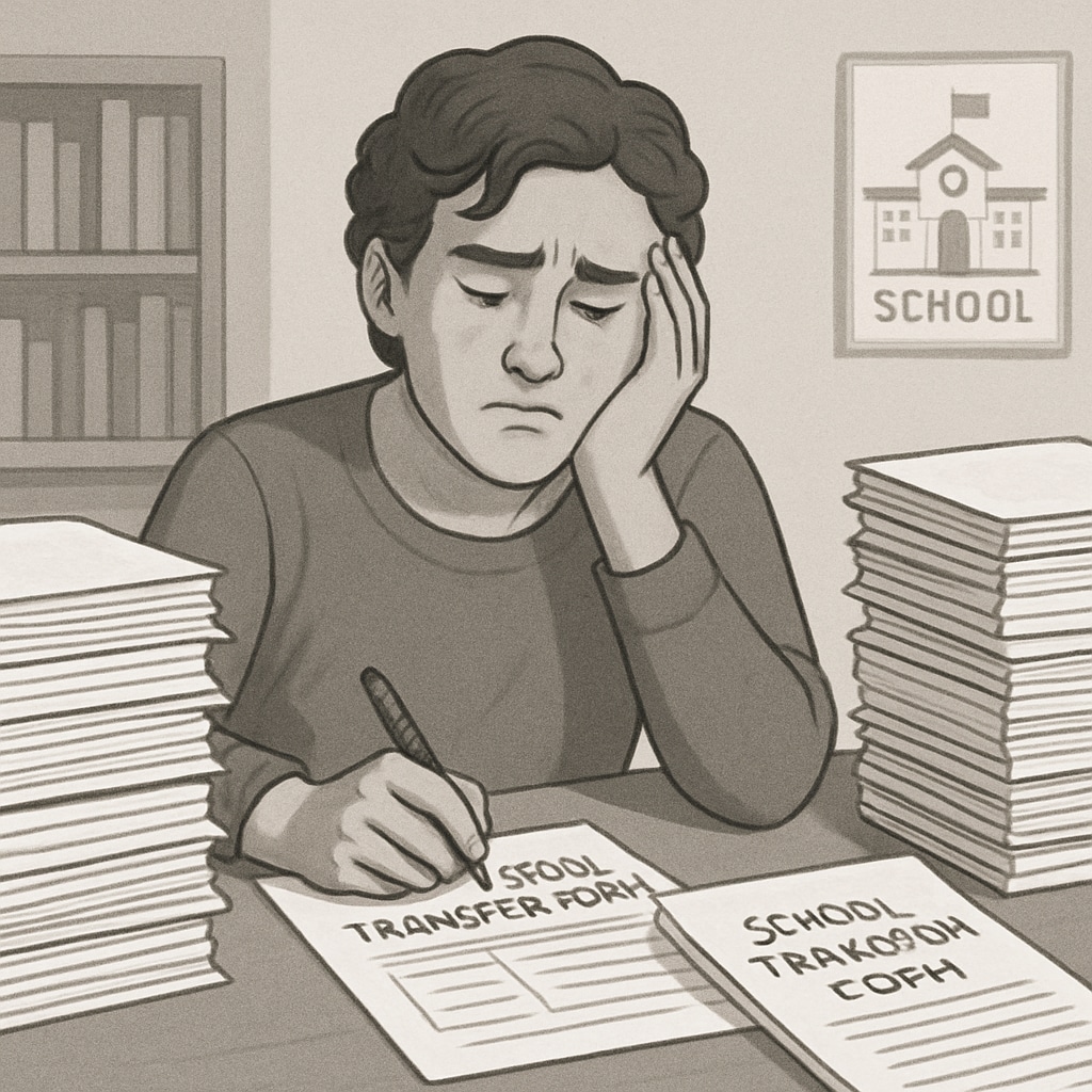Frustrated parent handling school transfer paperwork for a special needs student.