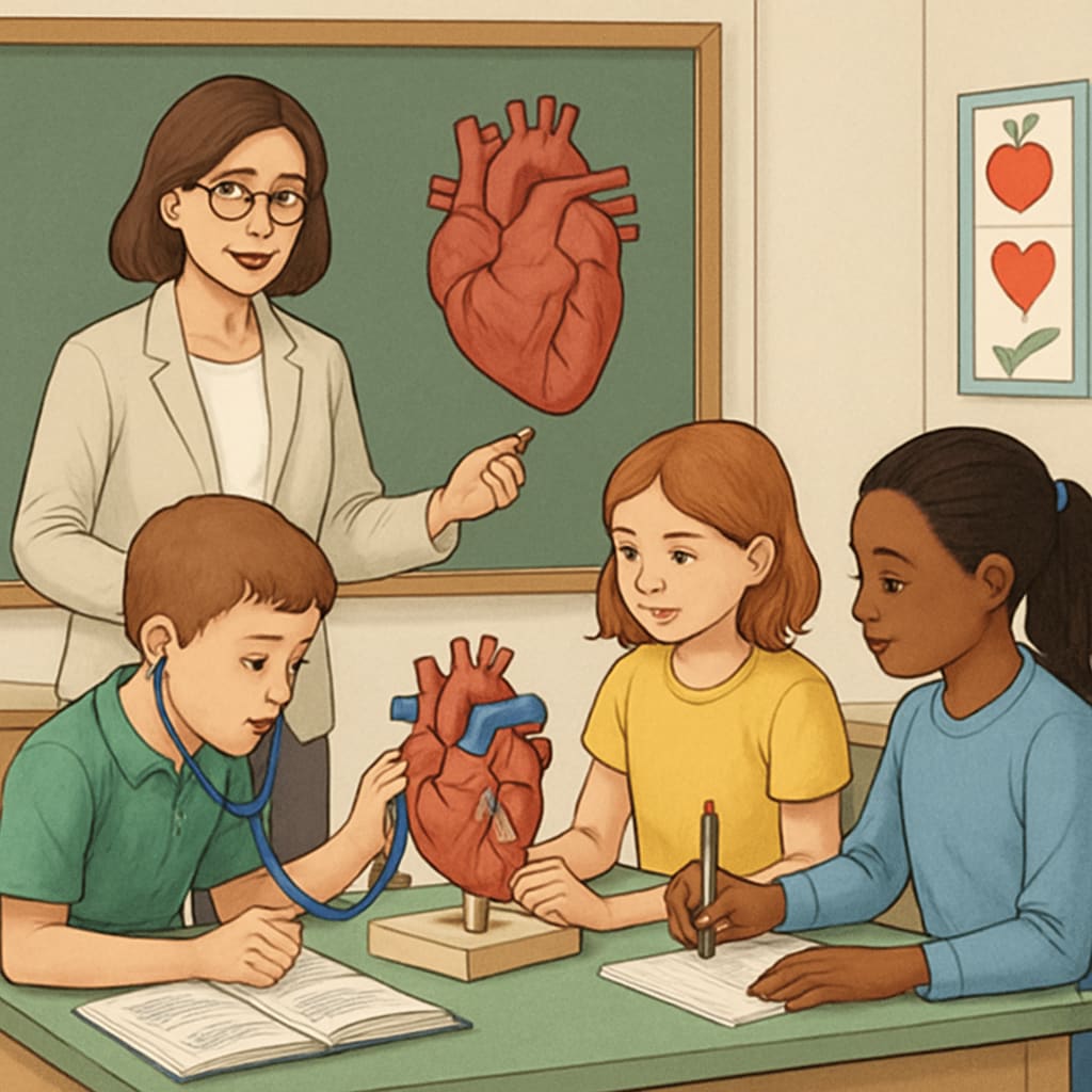 A classroom setting where students are engaged in a hands-on activity about heart health, guided by a teacher. K12 students learning about heart health in a classroom.