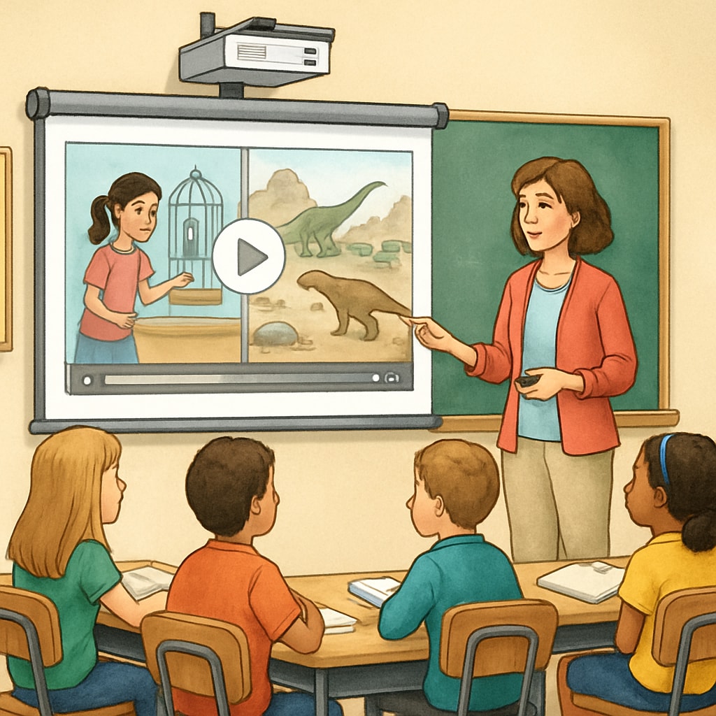 A teacher using a projector to show short videos in a classroom, demonstrating their integration into lesson plans. Teacher integrating short videos into classroom teaching.