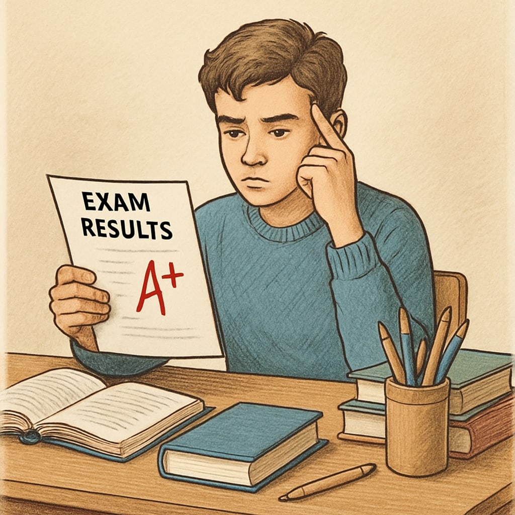 Student reflecting on their GCSE results, highlighting academic stress and societal expectations.