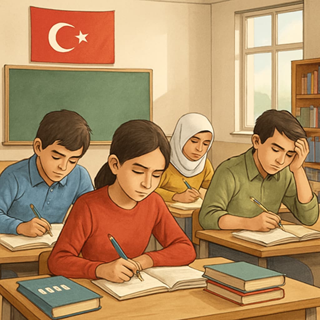 A classroom in Turkey with students preparing for centralized exams, highlighting the intense focus on exam preparation. Students in a Turkish classroom preparing for high-stakes exams.