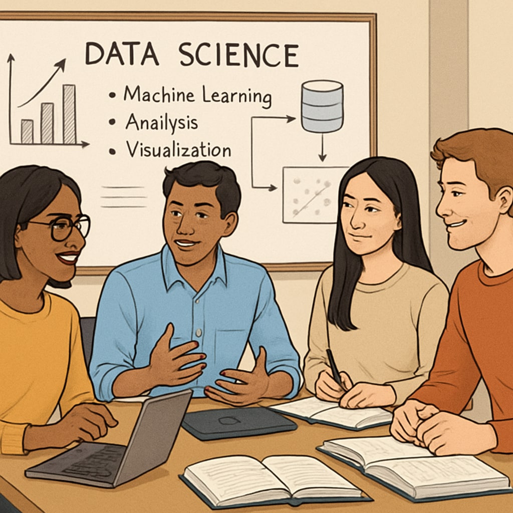A diverse group of international students engaged in a discussion about data science in a university classroom. International students studying data science in a classroom setting.