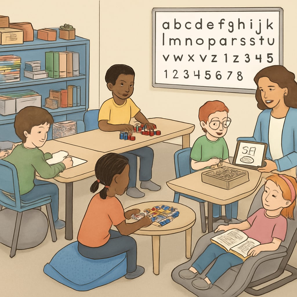 Special needs classroom environment highlighting adaptive resources.