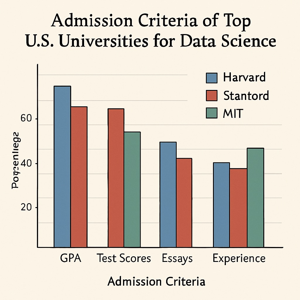 A bar graph showcasing the comparison of admission criteria among top U.S. universities for data science programs. Bar graph of data science admission requirements at U.S. universities.
