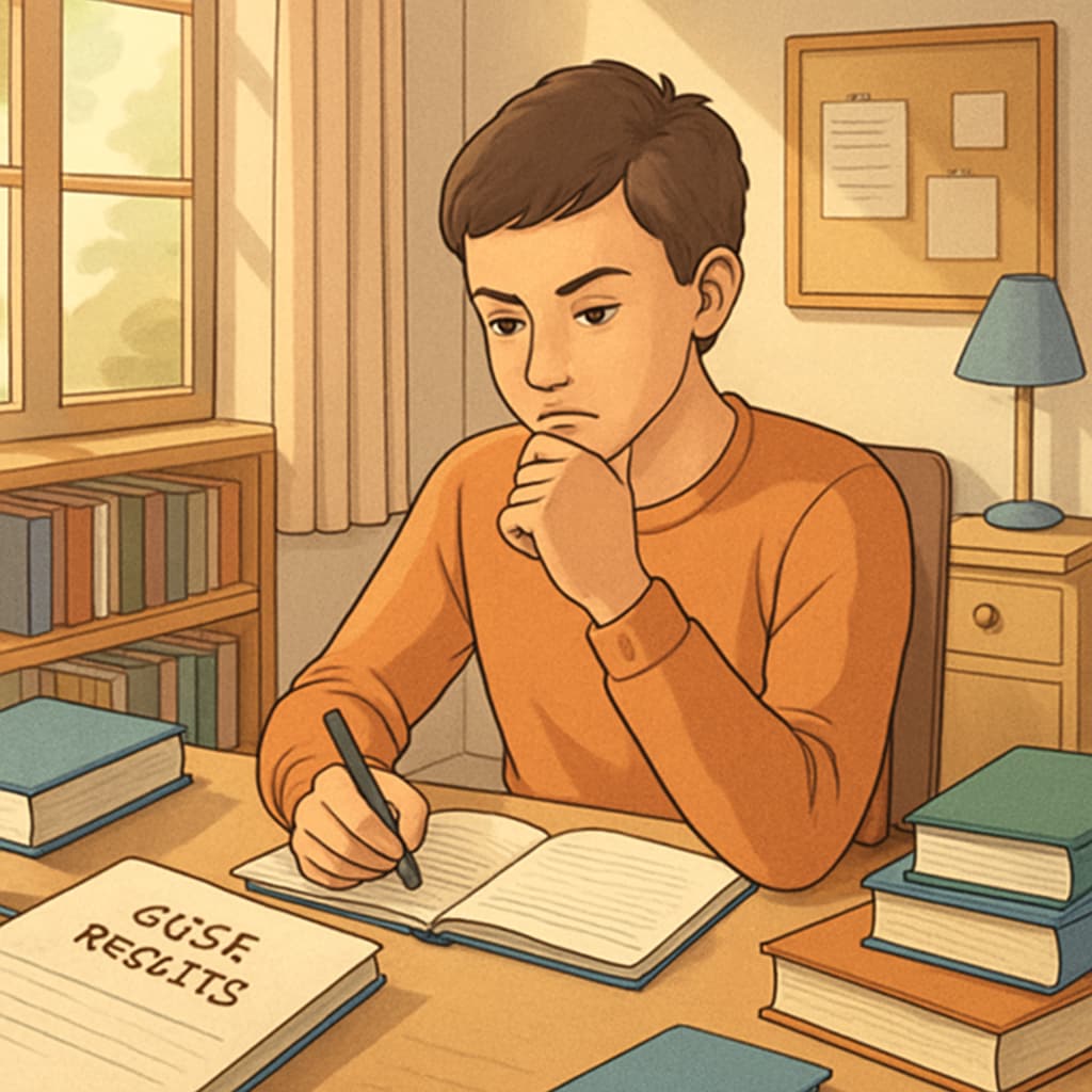 A student sitting in a cozy room, reflecting on their GCSE results with determination to plan their next steps. A student reflecting on their GCSE results and planning their future.