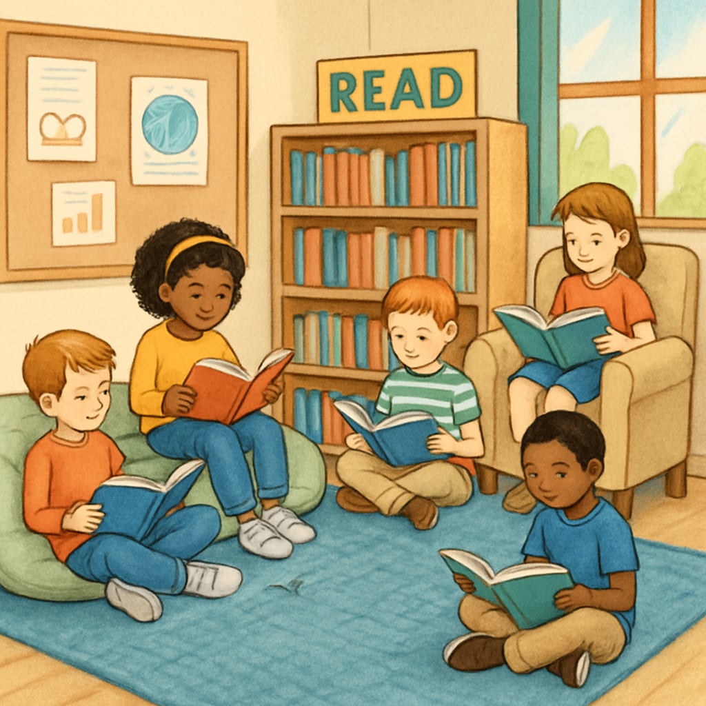 A classroom of elementary students reading books in a cozy library corner. The scene highlights a relaxed and engaging environment for young readers. Elementary students reading books in a welcoming library space.