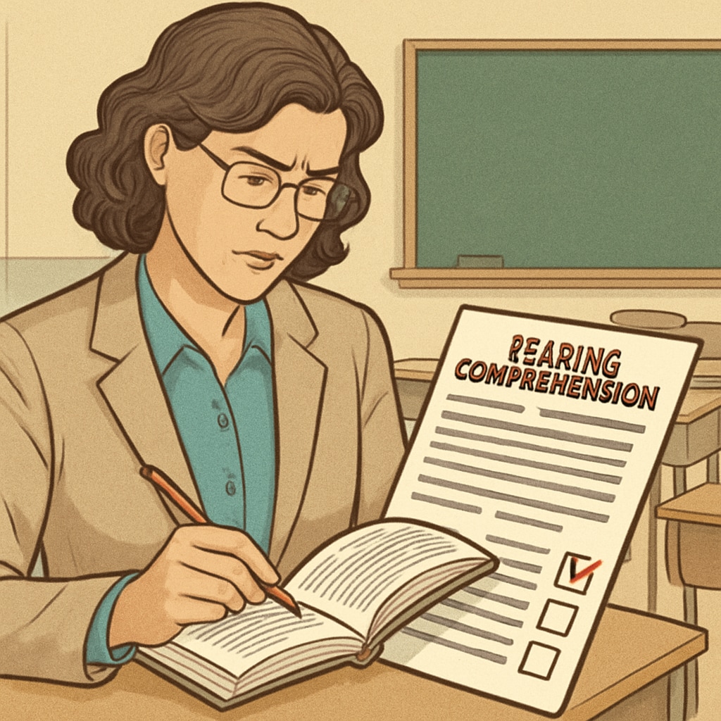 A teacher evaluating reading comprehension materials for students in a classroom, symbolizing the importance of text complexity. Teacher reviewing reading materials with a focus on text complexity for student comprehension improvement.