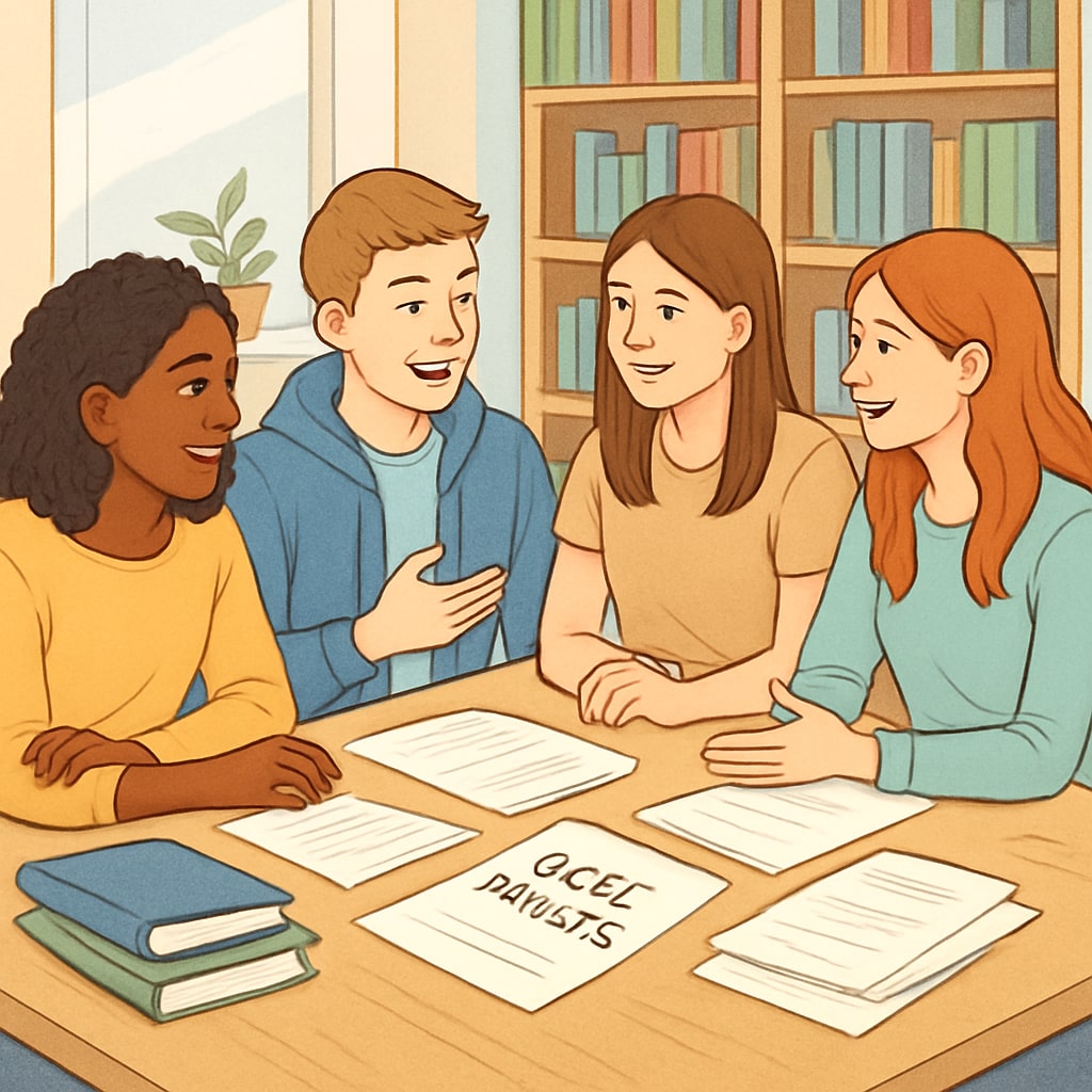 A group of supportive friends discussing future plans after receiving their GCSE results. Supportive friends helping each other plan after receiving GCSE results.