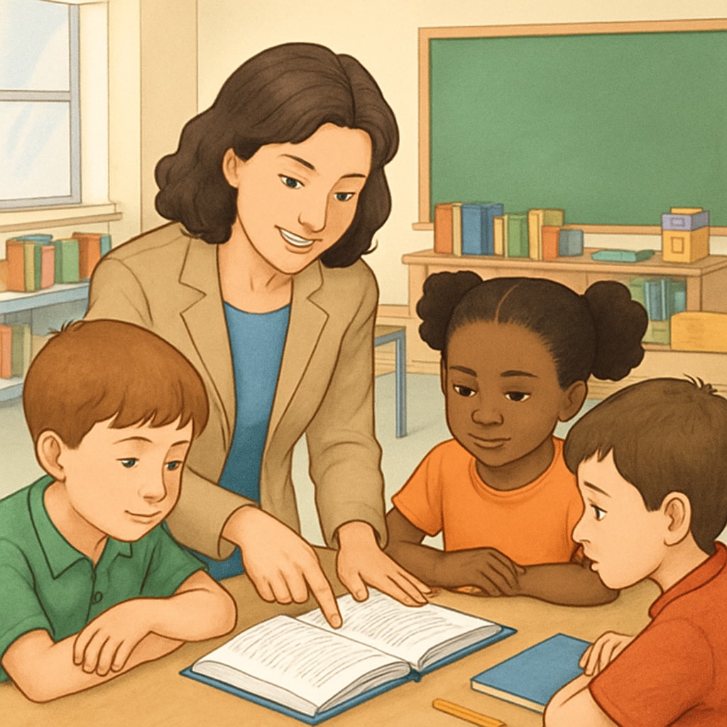 A teacher guiding a small group of students during a reading activity. The image emphasizes collaborative learning and engagement. Teacher and students working together on a reading activity.