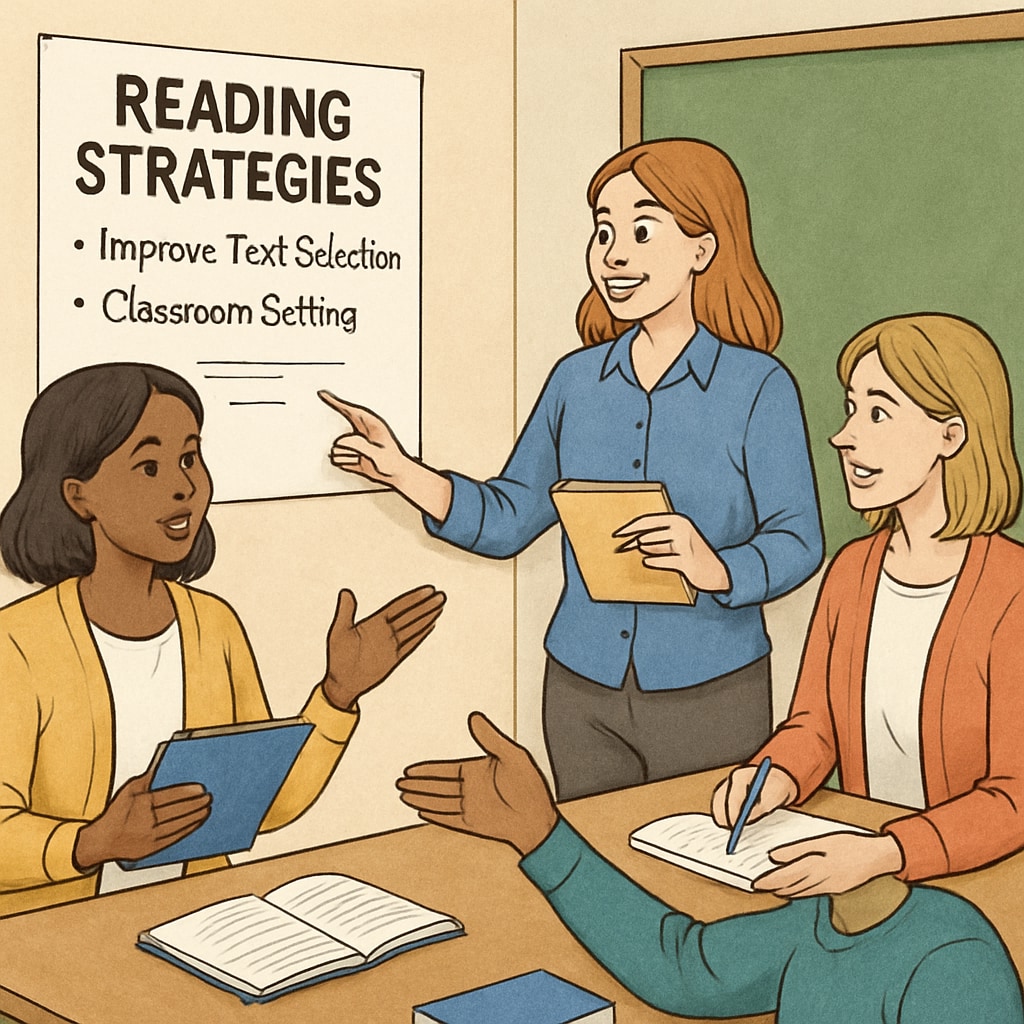 Teachers collaborating during a professional development workshop on reading strategies to improve text selection. Group of teachers discussing text complexity and reading strategies for personalized learning.