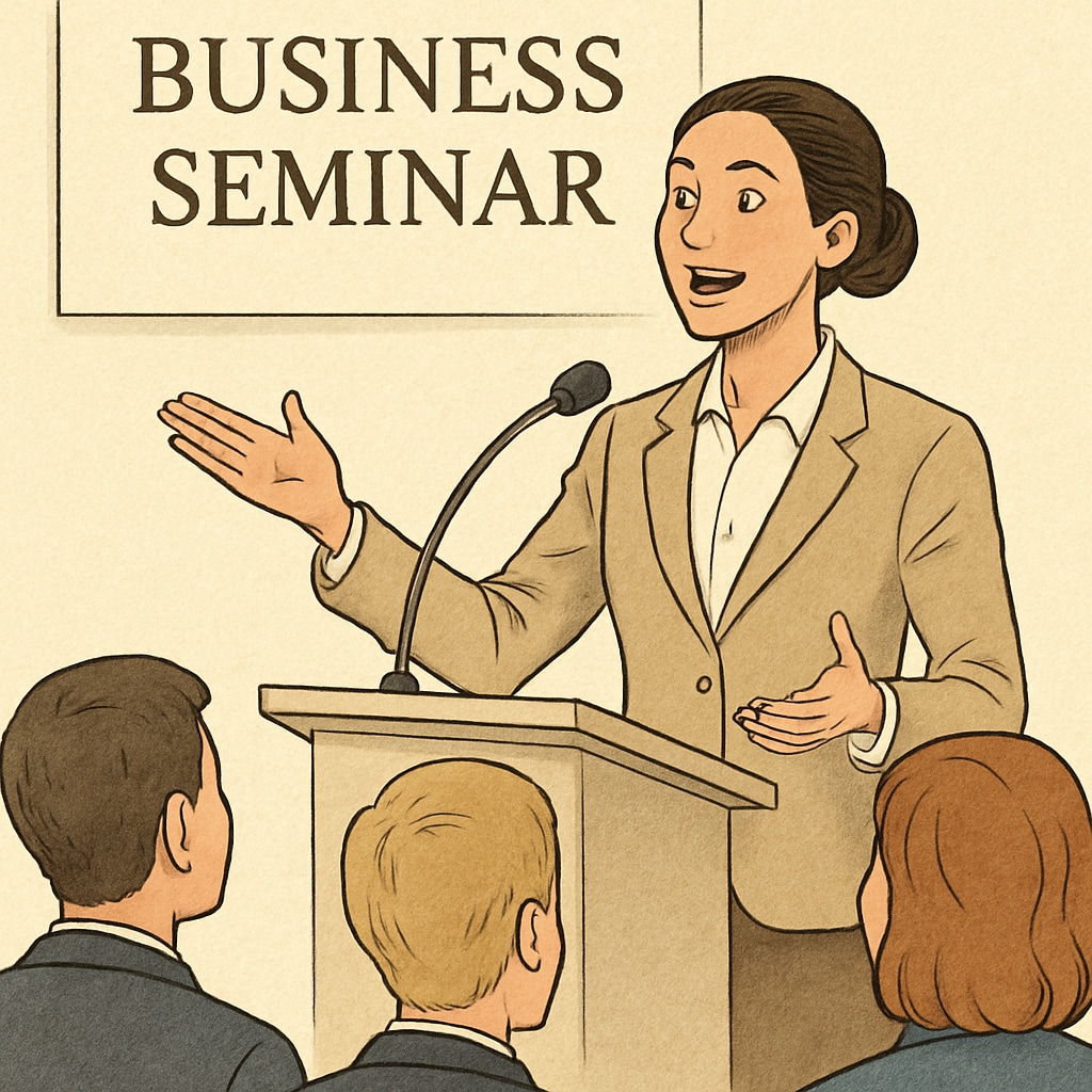 A professional woman speaking confidently at a business seminar, symbolizing effective communication. Female entrepreneur practicing effective communication at a seminar.