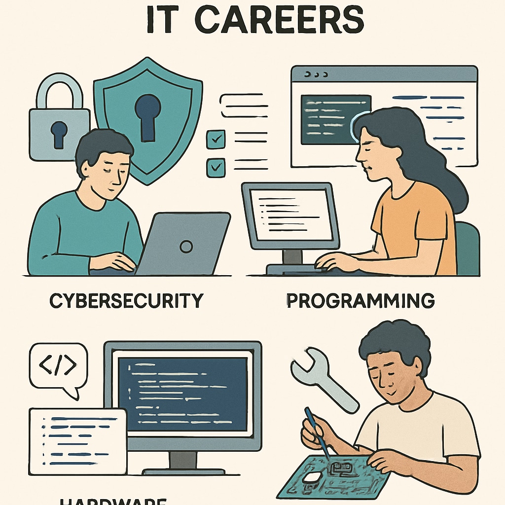 Visual representation of IT career options in cybersecurity, programming, and instrumentation.