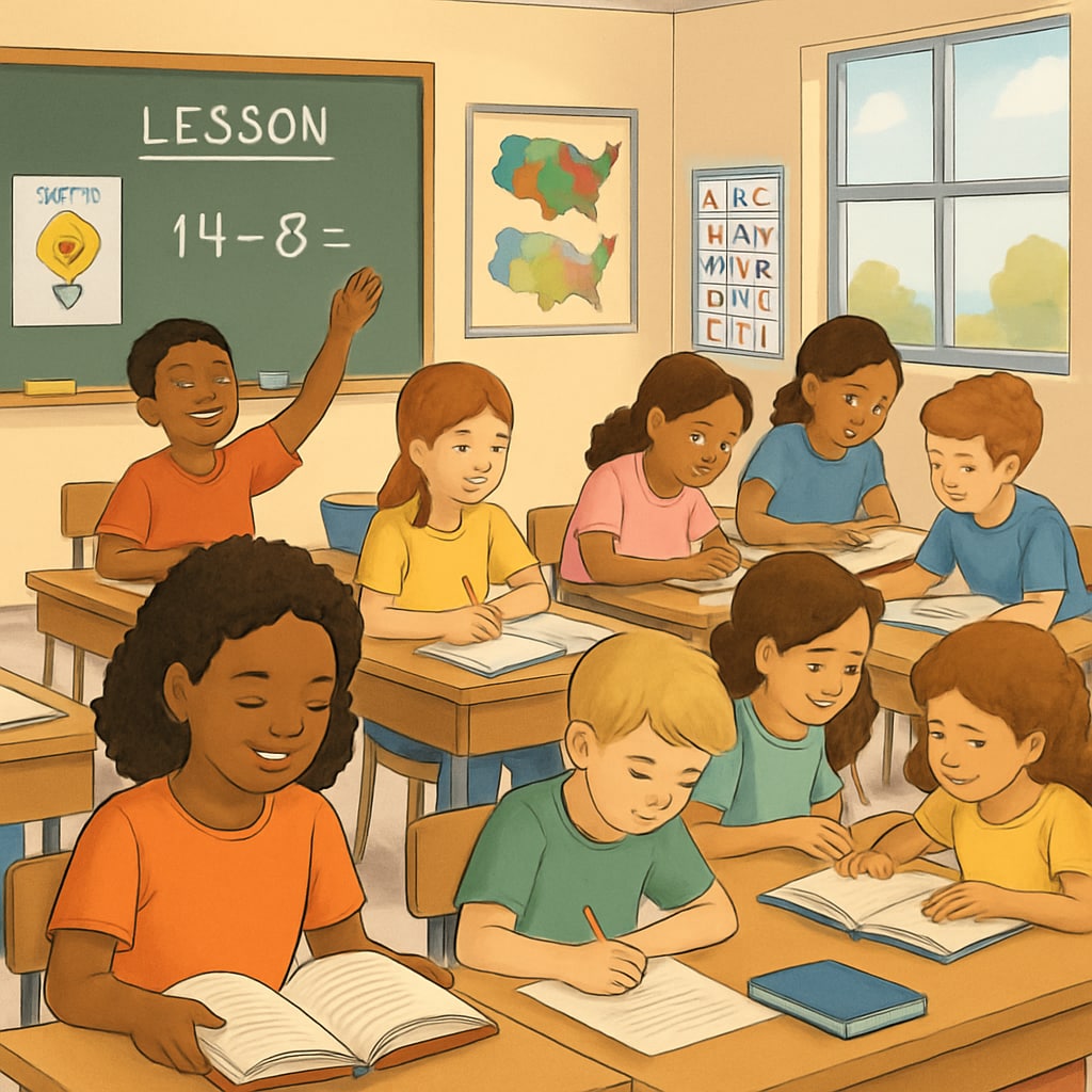 A classroom in a public school with students engaged in activities, symbolizing the importance of public education funding. Public school classroom with engaged students, representing education funding challenges.