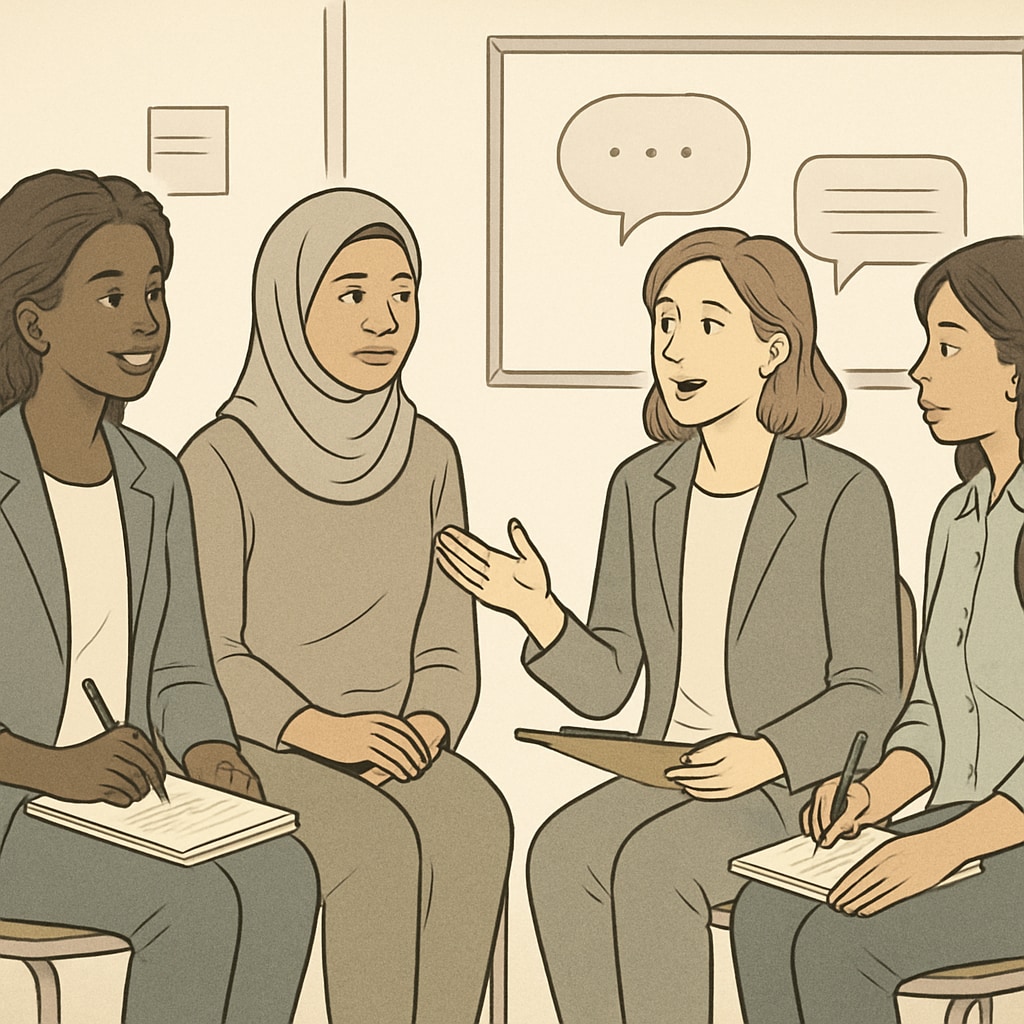 A diverse group of women entrepreneurs engaged in a communication workshop, symbolizing collaboration and feedback. Women entrepreneurs collaborating in a workshop on communication and feedback.