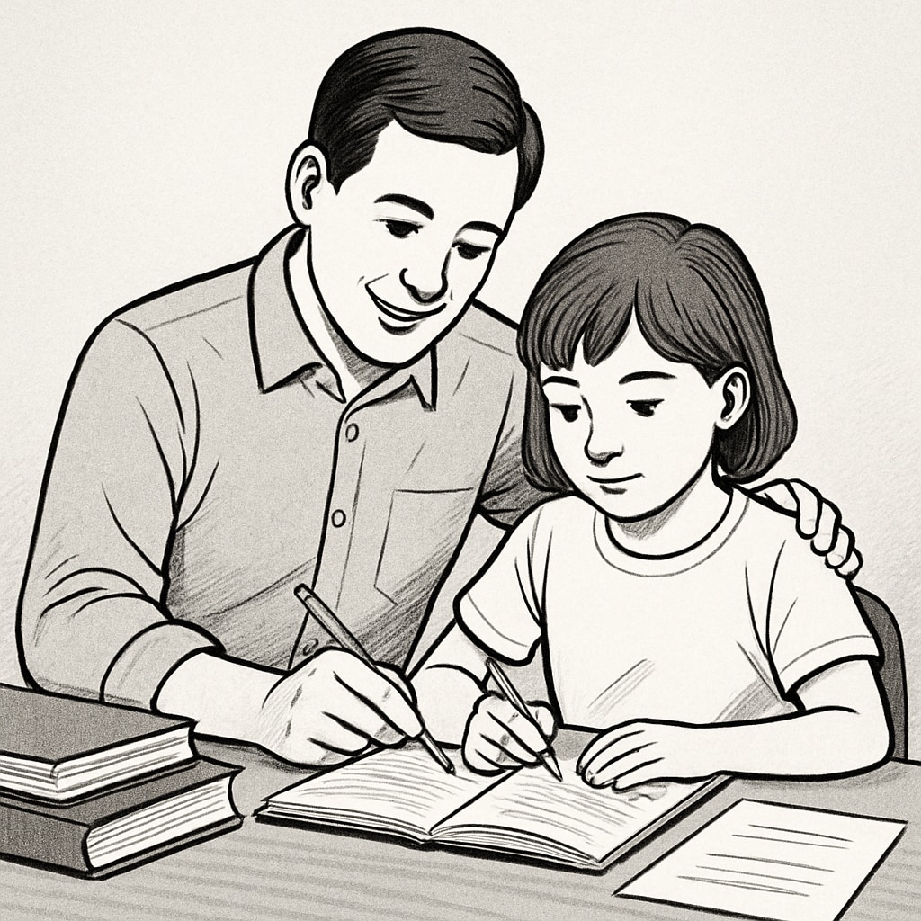 A parent assisting their child with schoolwork at home, symbolizing the challenges faced during school absence. A parent supporting their special needs child with schoolwork during prolonged absence.