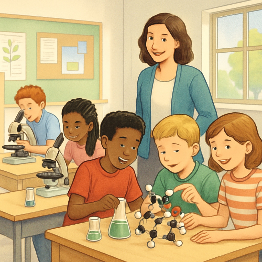 A classroom in the US with students collaborating on science projects, showcasing teamwork and creativity. US classroom with students collaborating on science projects, symbolizing creativity.