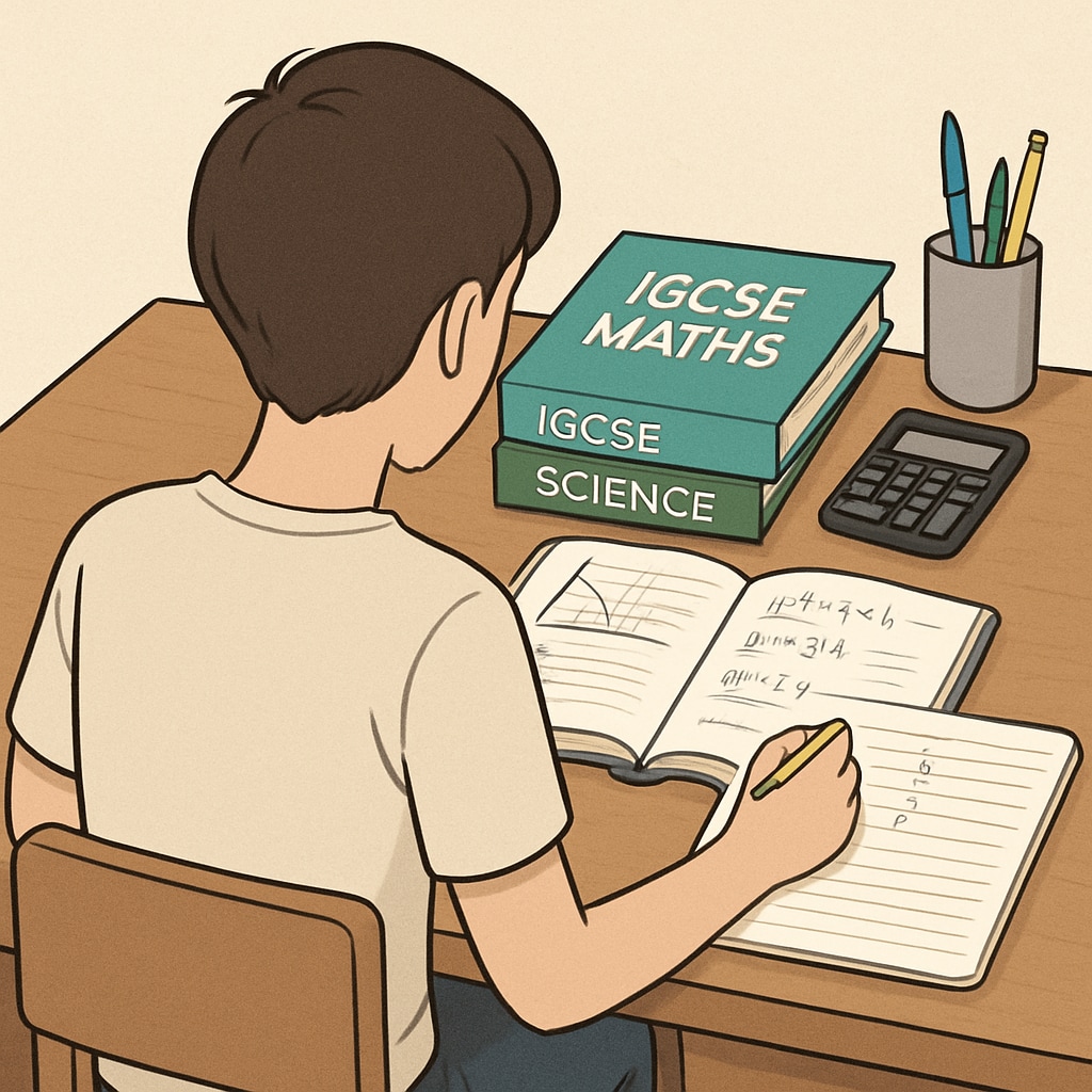 A student preparing for their IGCSE exams with math and science textbooks on a desk. Student studying for IGCSE exams with textbooks on math and science, relevant for data science applications.