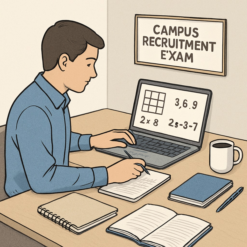 A professional workspace with a candidate solving mathematical puzzles on a laptop, symbolizing preparation for campus recruitment exams. Candidate preparing for campus recruitment math test with laptop and puzzles.