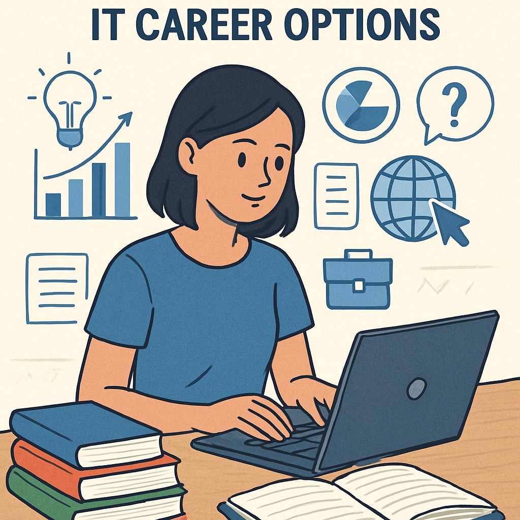 A professional image of a student researching IT career options on a laptop, symbolizing career exploration. Student researching IT career options on a laptop