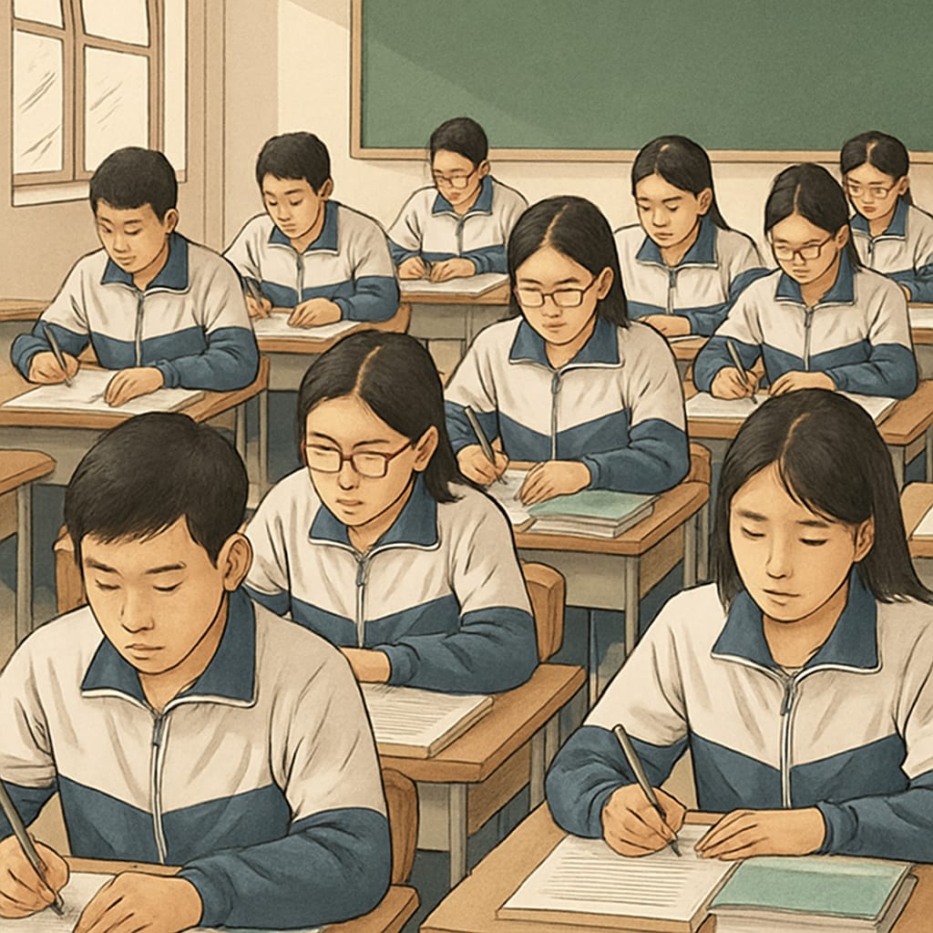 Students in China taking the gaokao exam, highlighting academic rigor and discipline. Chinese students taking the gaokao exam, showcasing academic rigor.