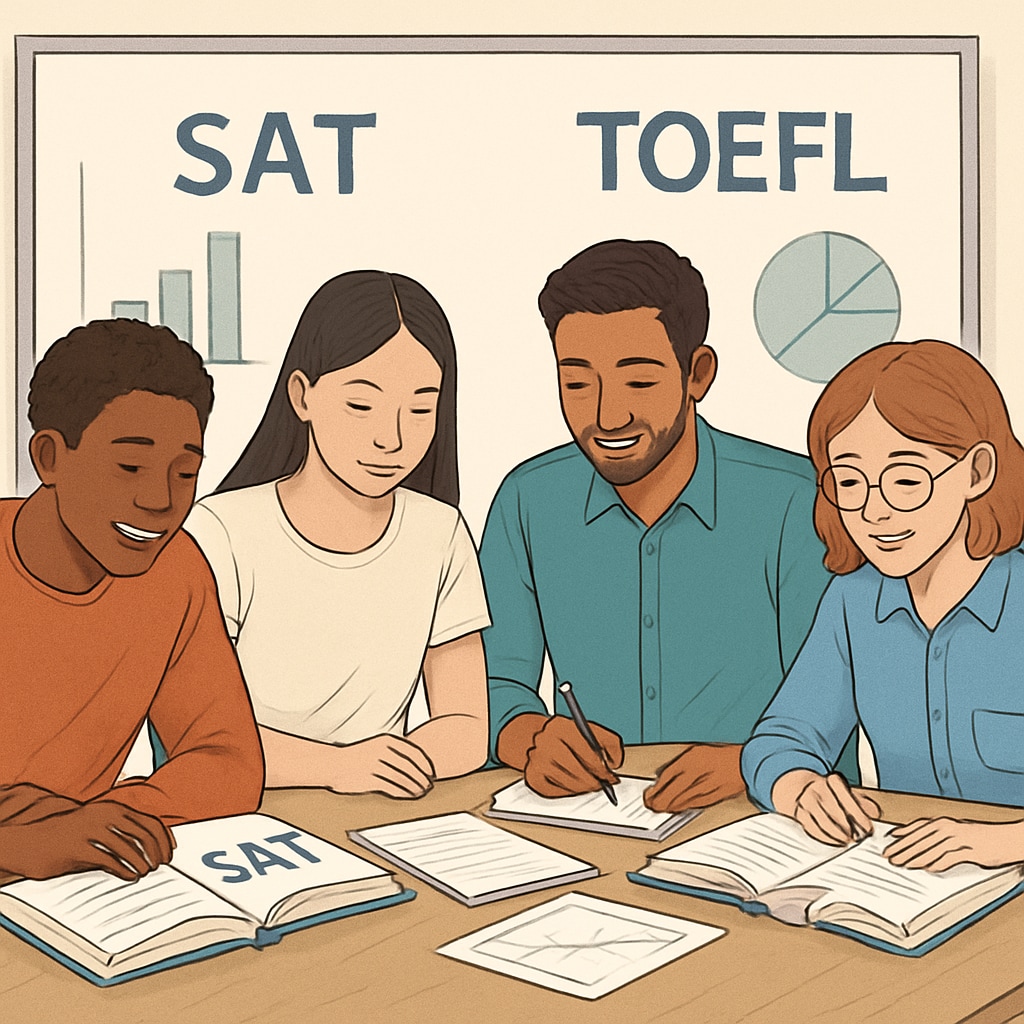 A group of international students studying test preparation materials for SAT and TOEFL. International students preparing for standardized tests like SAT and TOEFL, essential for U.S. admissions.