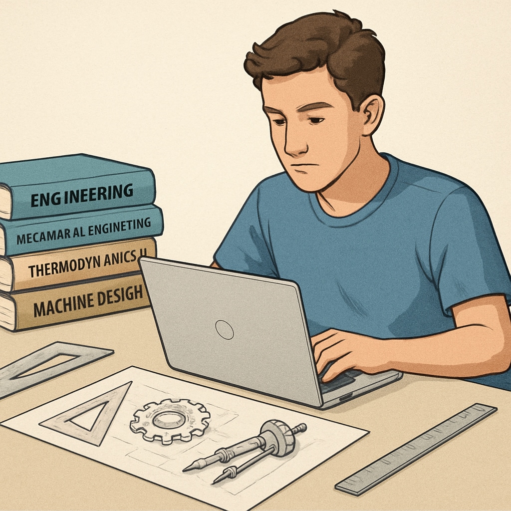 A student working on a laptop surrounded by engineering textbooks and design sketches, representing the dual pursuit of studies. A student balancing online degree studies with mechanical engineering coursework.