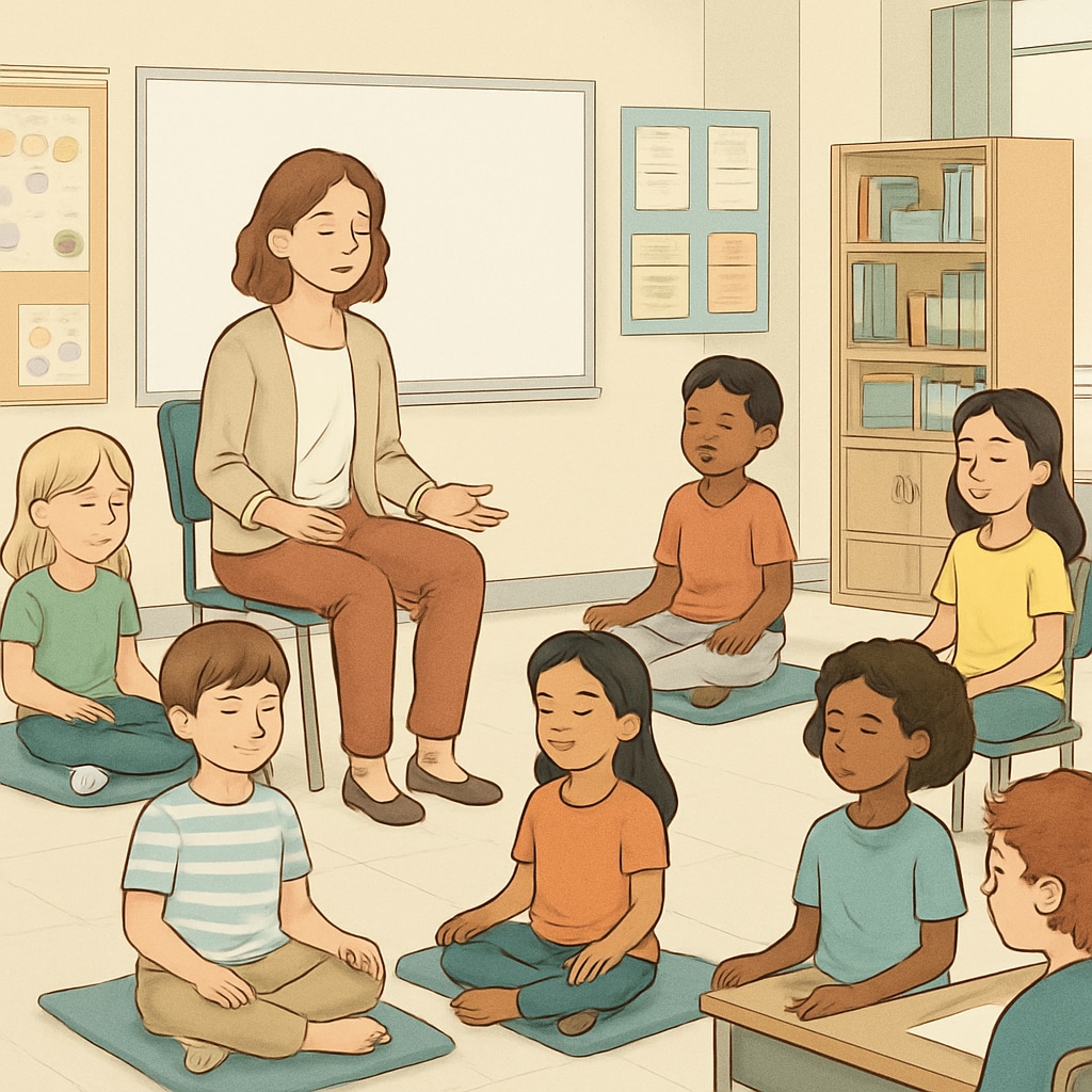 A classroom setting where students are practicing mindfulness or meditation to build self-awareness, inspired by leadership frameworks. Students practicing mindfulness inspired by Sadhguru's teachings in a classroom.