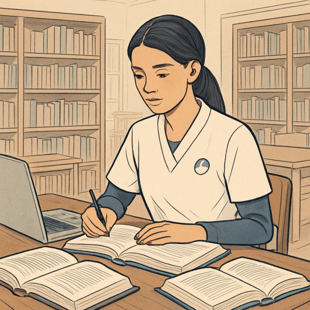 A college nursing student sitting in a library with books and a laptop, symbolizing the balance between academics and campus life. Nursing student balancing study and campus life with books and a laptop.