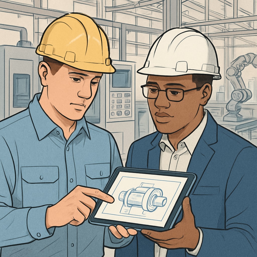 Engineers in a factory discussing designs on a tablet, showcasing technology integration in manufacturing processes. Engineers collaborating in a manufacturing environment to highlight innovation.