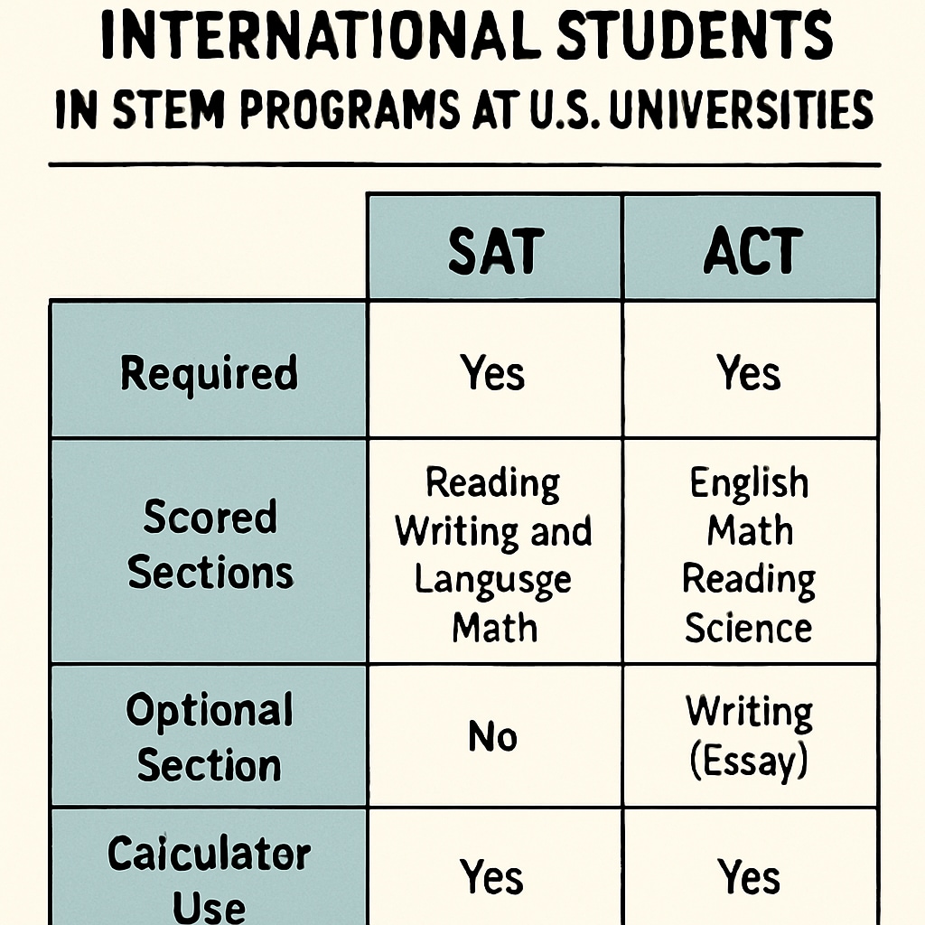 A chart comparing SAT and ACT requirements for international students.