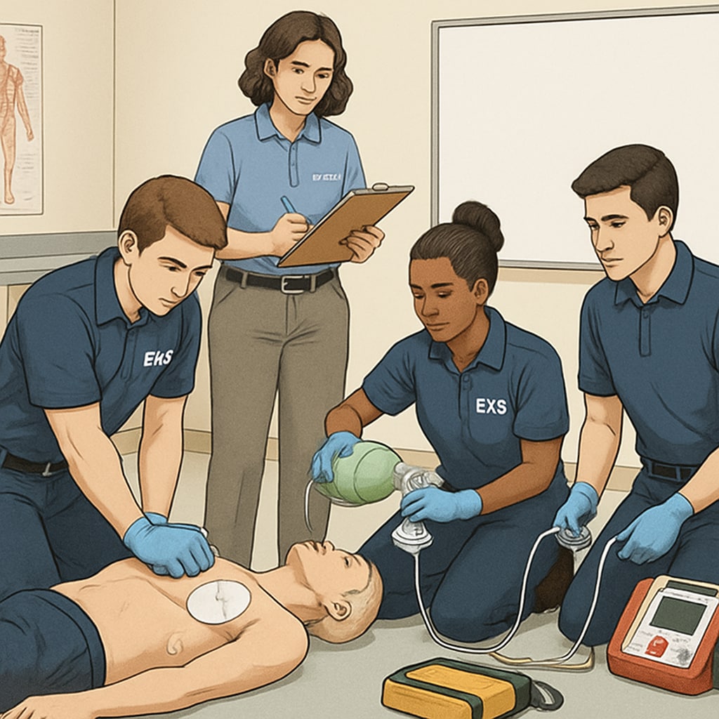 A hands-on EMT training session, showcasing students practicing life-saving techniques in a controlled environment. EMT students in training with life-saving techniques.