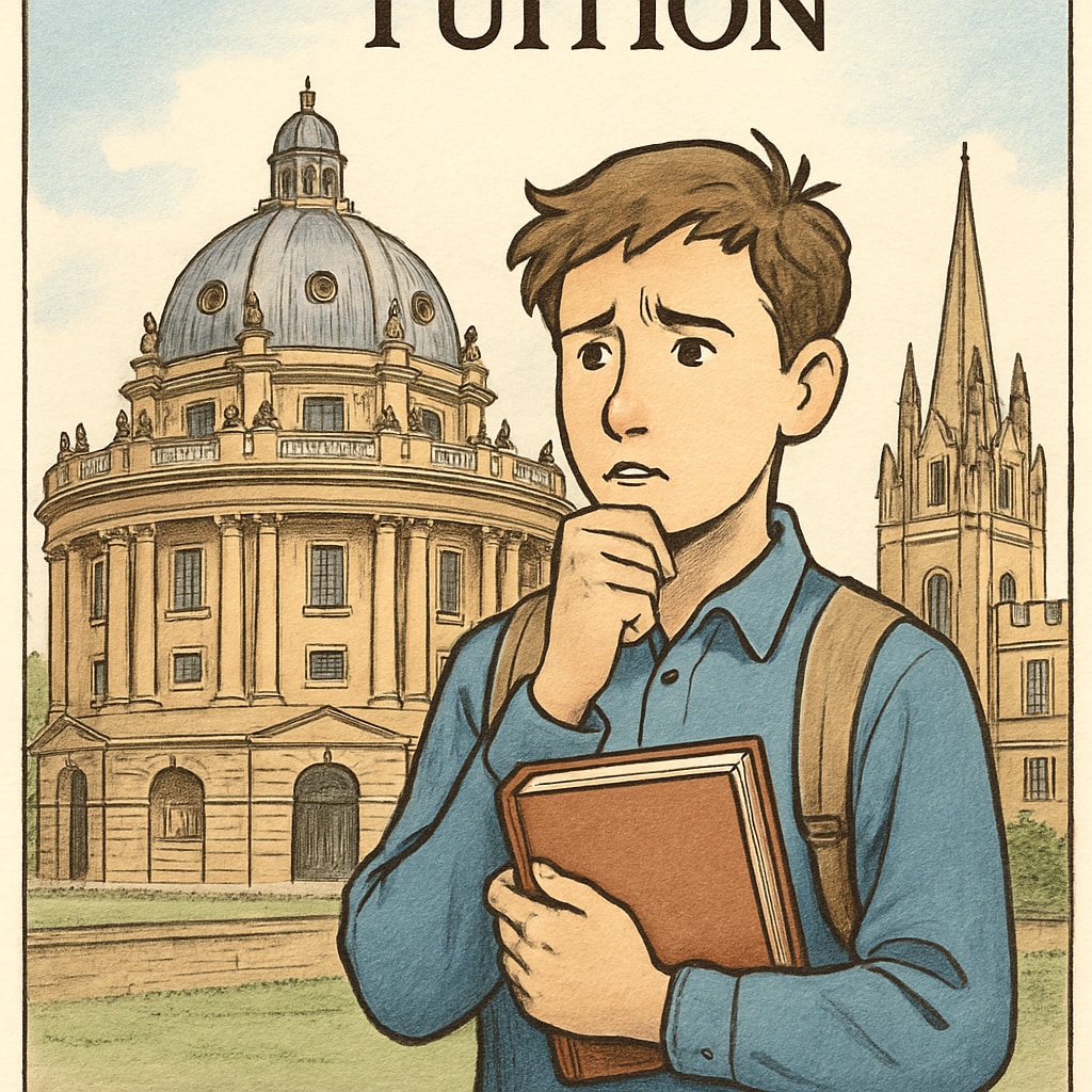 A young student standing in front of Oxford University, looking thoughtful about tuition challenges. Immigrant student contemplating tuition fees at Oxford University.