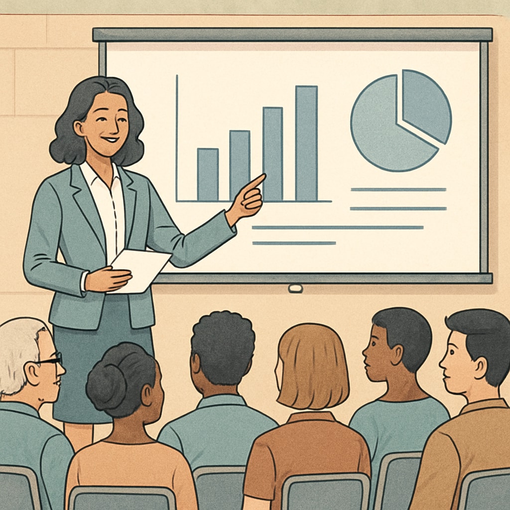 A professional woman giving a presentation to a diverse audience, symbolizing communication and leadership. Female entrepreneur presenting to an audience, showcasing leadership and communication skills.