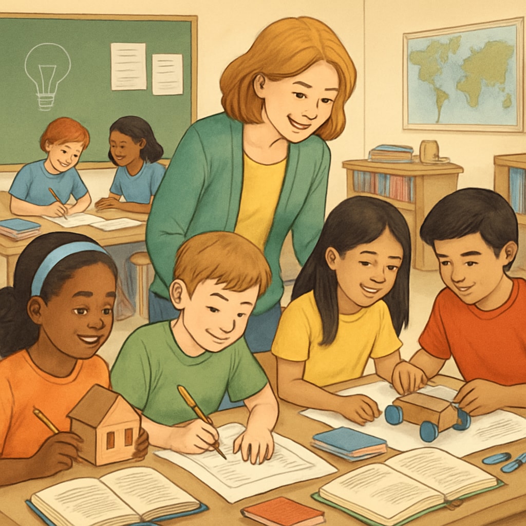 A classroom setting showing students engaged in project-based learning, illustrating the holistic approach of the U.S. education system. Students participating in project-based learning, representing holistic education values.