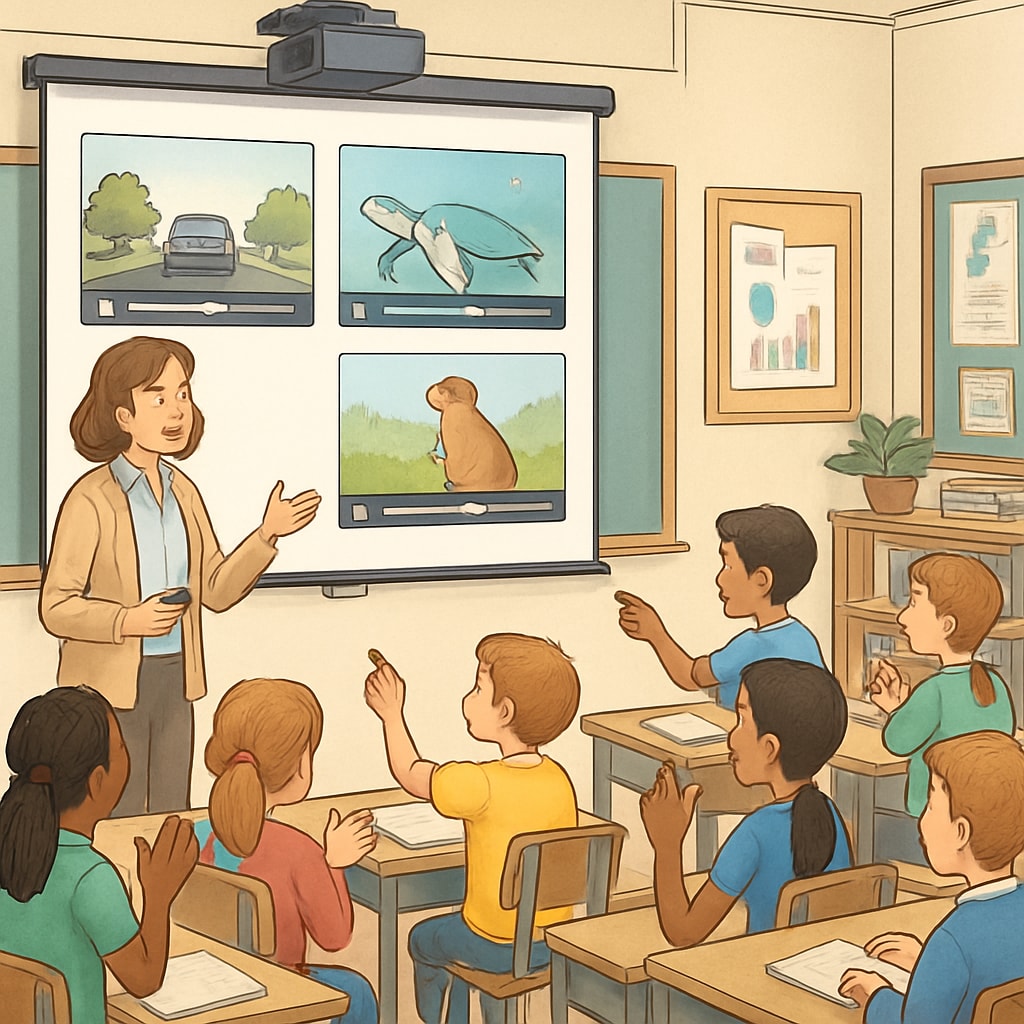 Teacher engaging K12 students with short video-based learning.