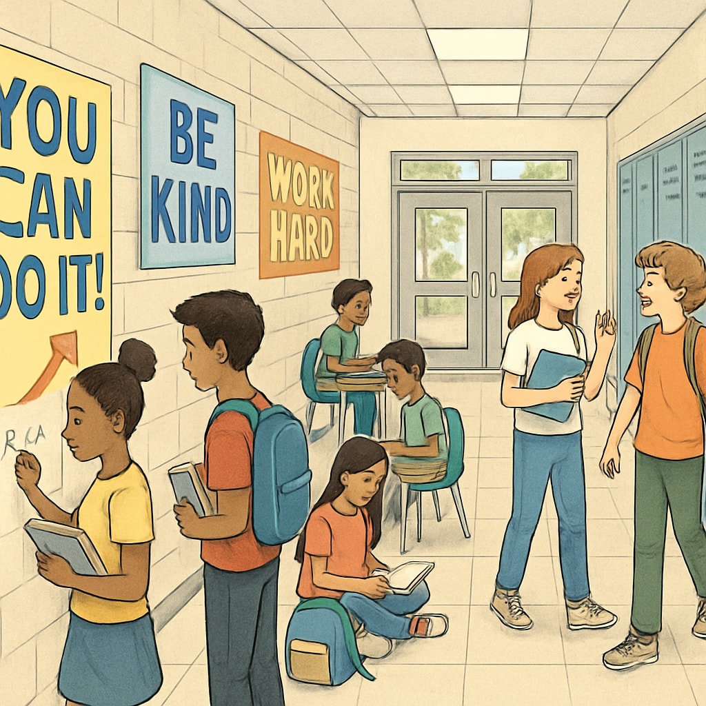A school hallway in a Title I U.S. school, featuring motivational posters and diverse student participation. A Title I school hallway emphasizing equity in education resource allocation.