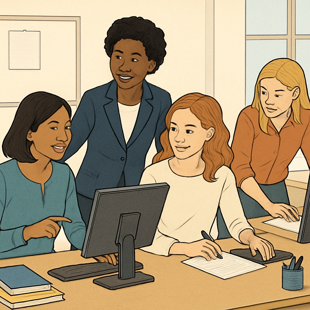 A group of women collaborating in a modern office setting, representing teamwork and leadership. Women working together in an office, illustrating leadership and collaboration.