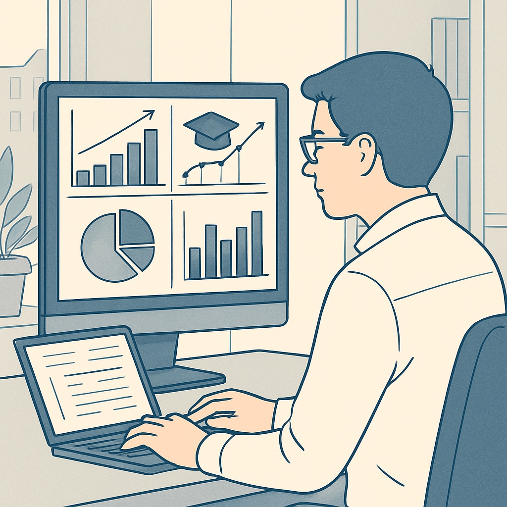 A data analyst reviewing education-related graphs on a computer screen in a modern office setting. Business analytics expert analyzing education data trends for career planning in K12 education.