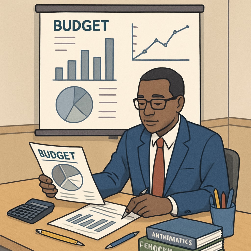 A school administrator analyzing budget reports and data visualizations in a meeting room. School administrator using financial reports and analytics for decision-making in K12 education.