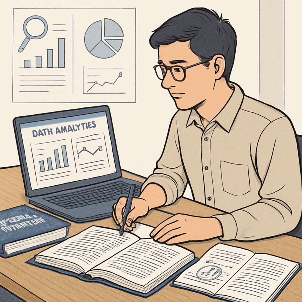 A mechanical engineering student working on a laptop and referencing materials for an online course in data analytics. Mechanical engineering student studying online second degree in data analytics.
