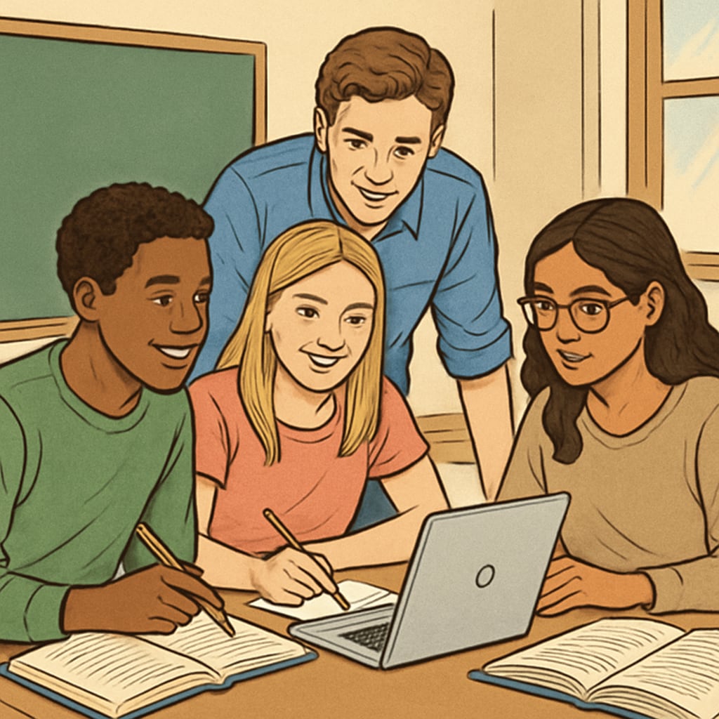 Students in the U.S. working on a group project, showcasing collaborative learning practices. U.S. students engaging in group-based learning activities in a classroom setting.