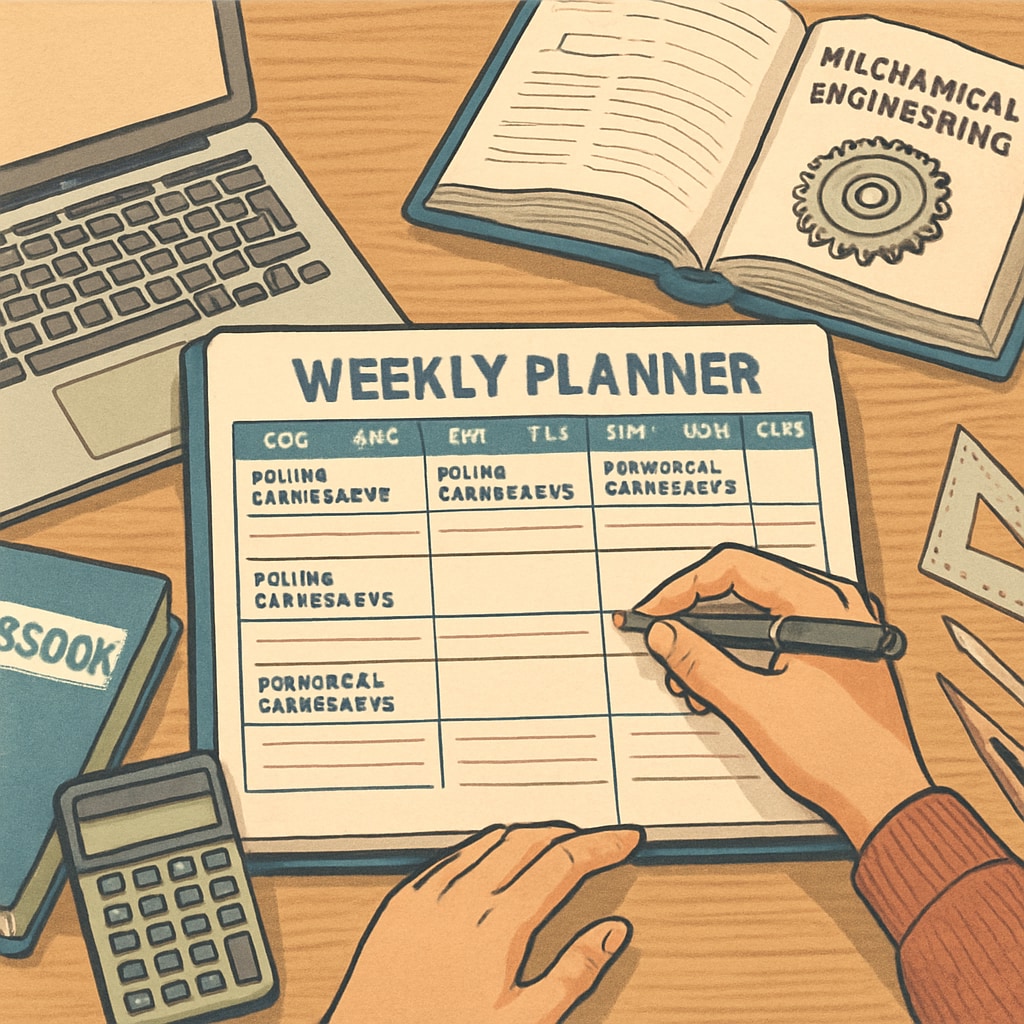 A student creating a detailed weekly planner on their desk, balancing online coursework with mechanical engineering studies. Mechanical engineering student organizing schedule for online second degree.