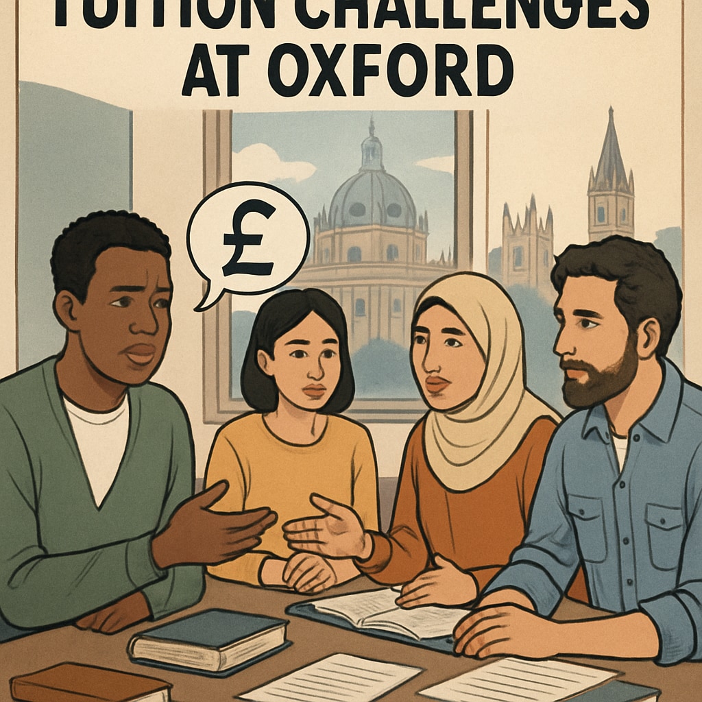 A diverse group of students discussing tuition challenges at Oxford University, emphasizing the financial struggles of immigrant students. Students discussing tuition disparities at Oxford University due to immigration status.