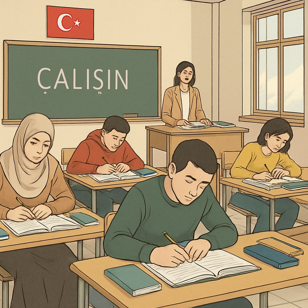 Students in a Turkish classroom preparing for centralized exams, illustrating exam pressure in the education system.