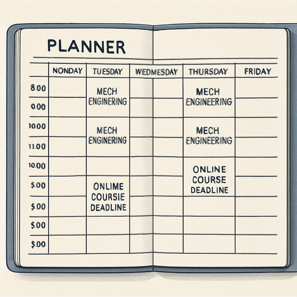 Time management planner for dual-degree mechanical engineering students.