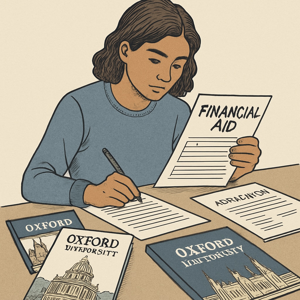 A student reviewing financial aid applications with Oxford University brochures, symbolizing attempts to overcome tuition barriers. Student reviewing financial aid options for tuition costs at Oxford University.