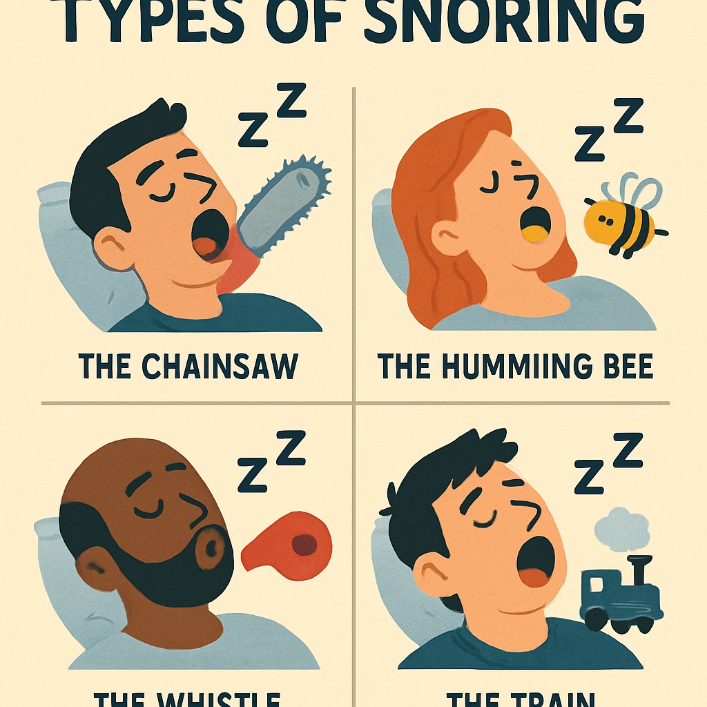 Infographic of snoring types with funny labels, enhancing humor in education.